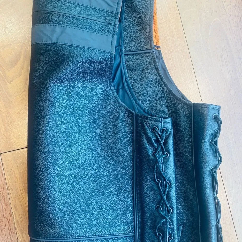 First classics Black Leather Vest with Orange Lining Biker Vest